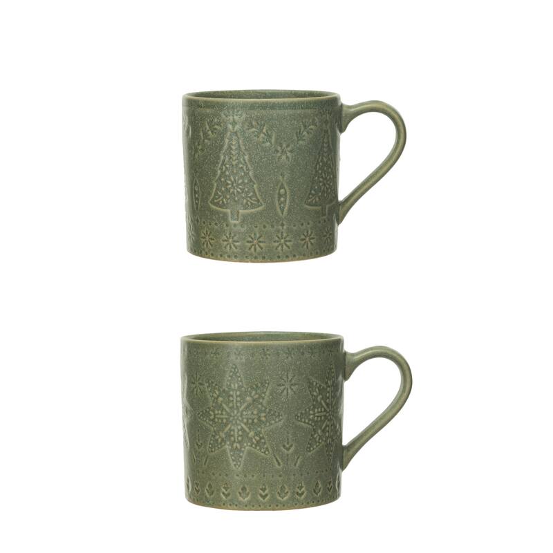 Hand-Painted Speckled Stoneware Mugs with Christmas Tree, Set of 2