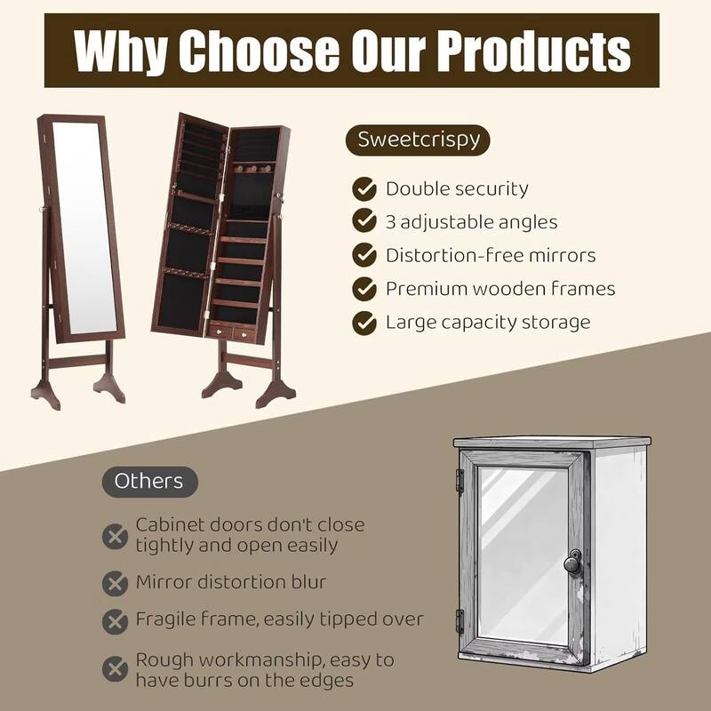 Jewelry Armoire Organizer with Full Length Mirror, Floor Standing Jewelry Cabinet, Lockable Jewelry Storage Box Cabinet