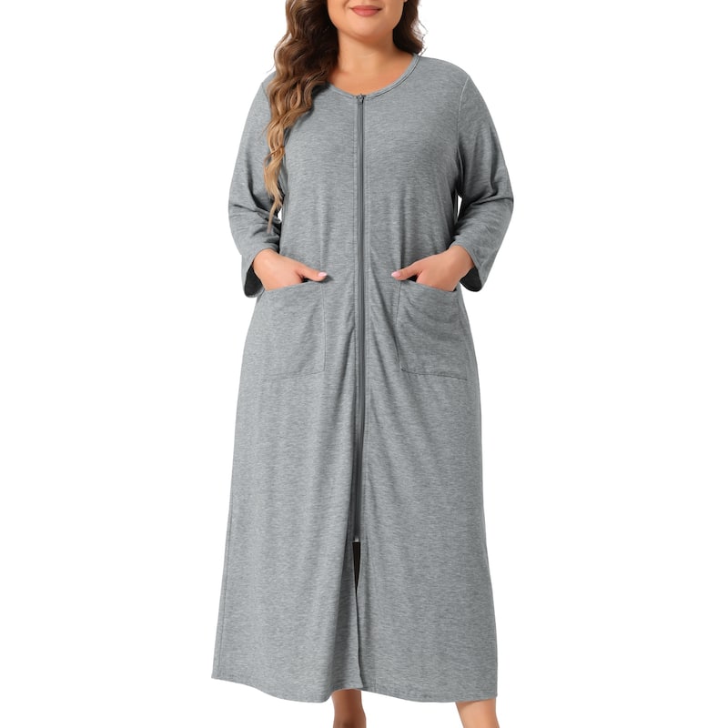 Plus Size Bathrobe for Women Zipper Front House Coat Robe with Pockets
