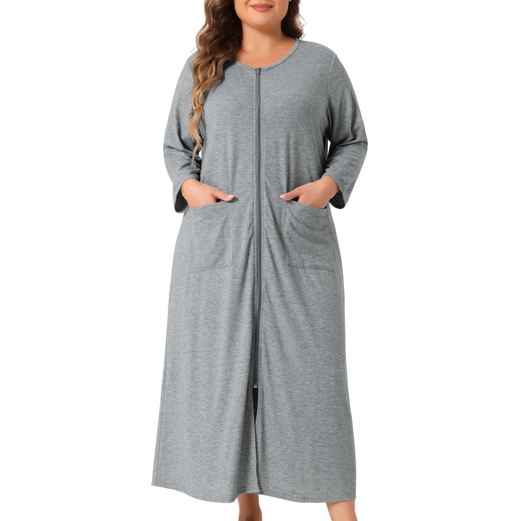 Plus Size Bathrobe for Women Zipper Front House Coat Robe with Pockets
