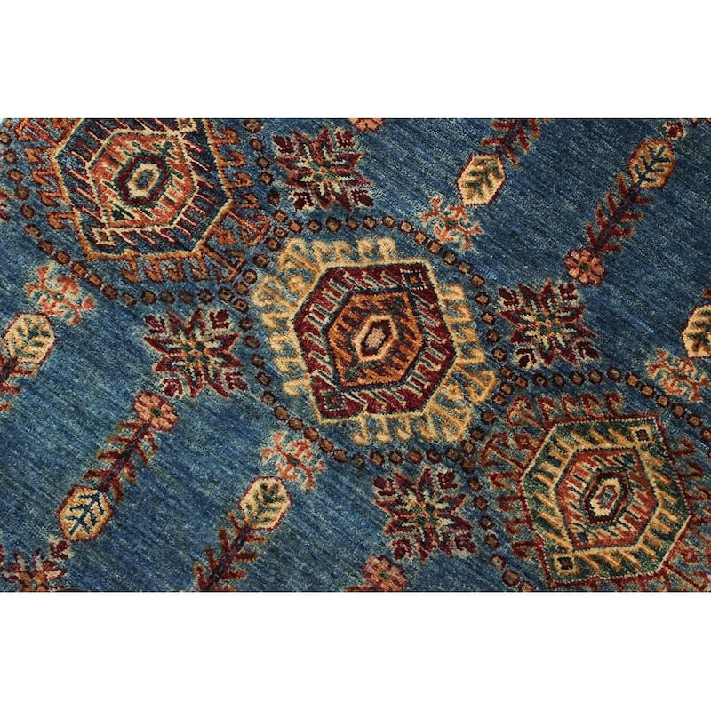 Tribal Khurgeen Naila Blue/Red Hand-knotted Wool Rug - 2'8 x 9'1 - 2'8'' x 9'1''