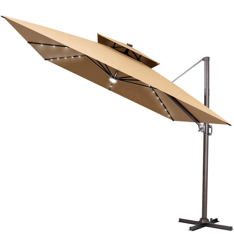 11 FT Square Outdoor Premium Double Top Solar Powered LED Patio Cantilever Umbrella