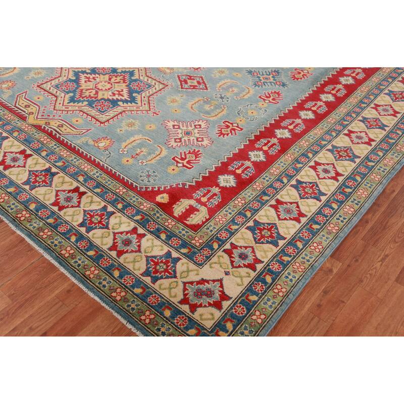 Hand Knotted Oriental 100% Wool Carpet Traditional Geometric Navy Blue & Blues Kazak Area Rug - 16' 3'' X 9' 10''