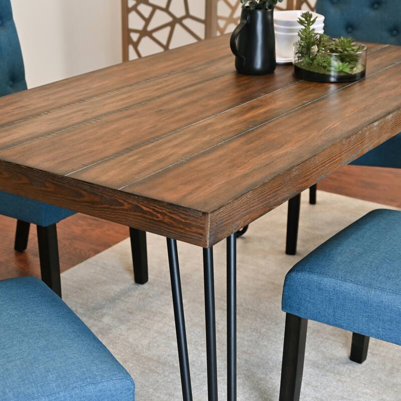 Simple Dining Table Set with Blue Padded Seating Chairs and Bench