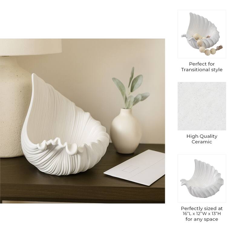 Decorative Ceramic Shell Bowl - 16", White - 16.0"