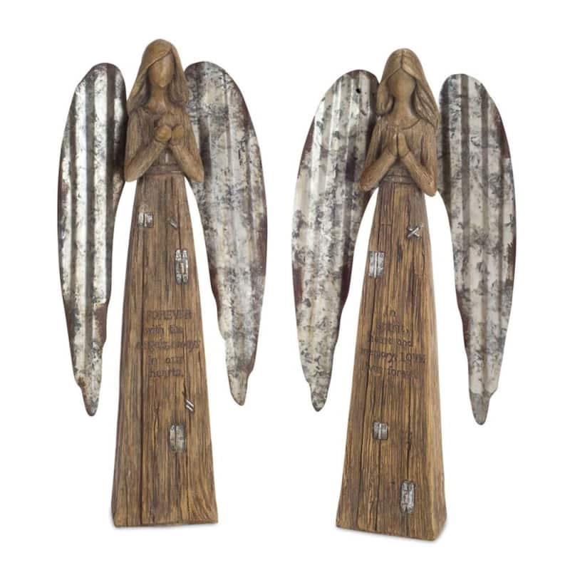 2 Brown Gray Distressed Remembrance Angel Tabletop Figurines 13.75"