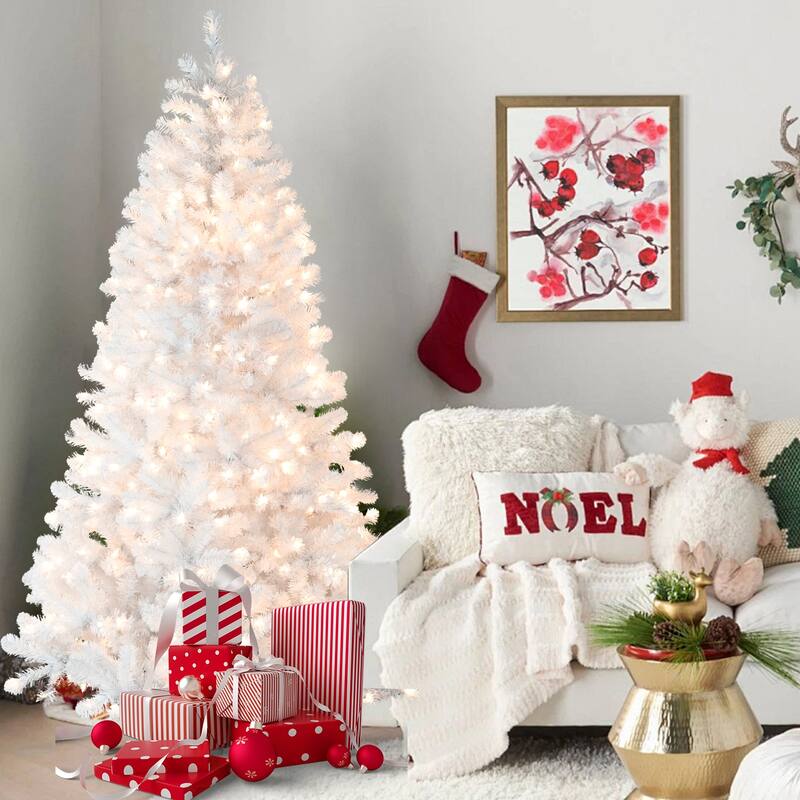 9FT Pre-Lit Christmas Tree with Memory Wire-650 Warm Incandescent Lights, Stable Metal Stand, PVC Artificial Holiday Tree