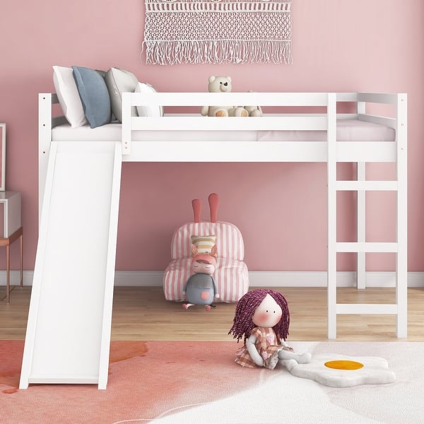 slide 2 of 12, Minimalistic Wood Full Size Loft Bed with Ladder, Slide and Guardrails White - Full