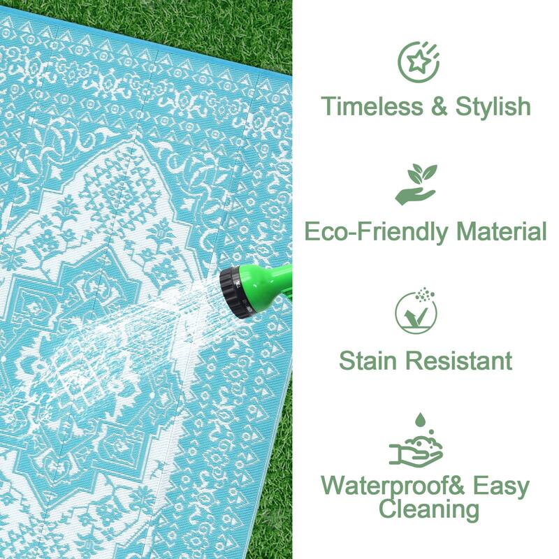 Outdoor Patio Rug Waterproof Reversible Carpet Vintage Boho Medallion Rug Plastic Straw Rug