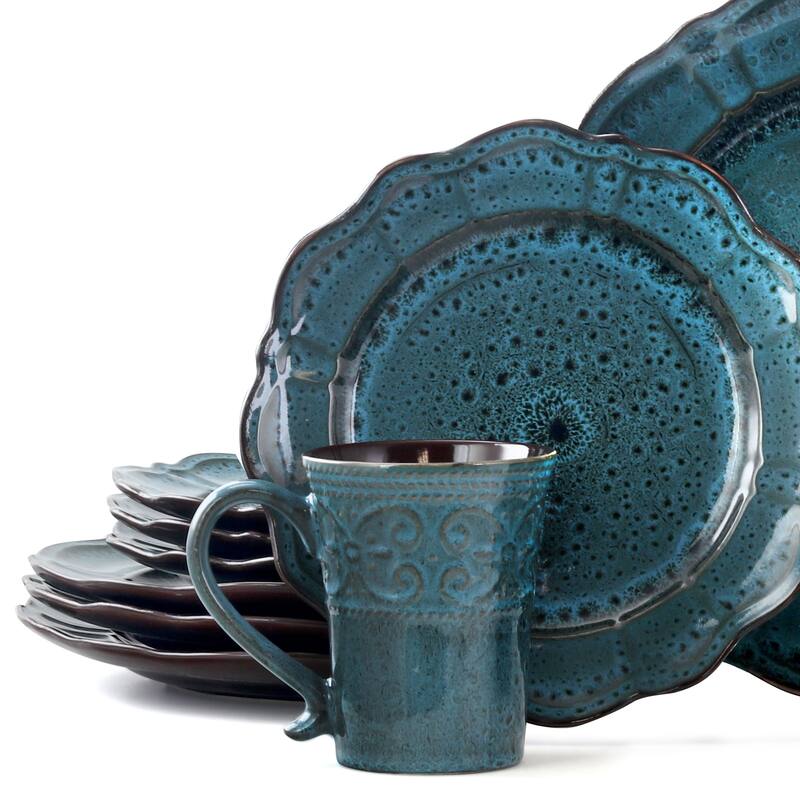 Elama Reactive Ocean 16 Piece Round Stoneware Dinnerware Set in Blue