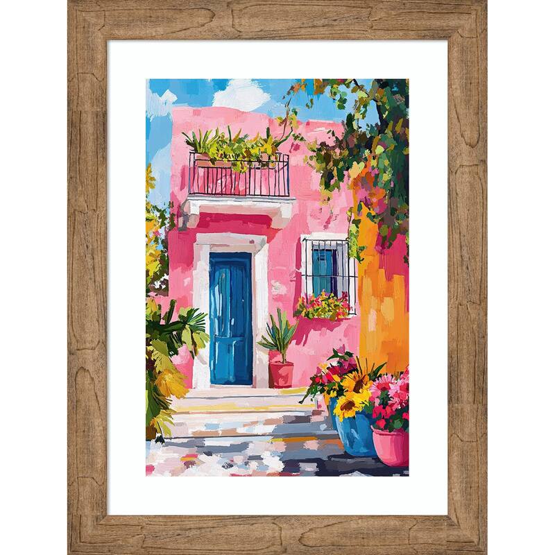 Colorful Mediterranean House Pink Flowers Blue Wood Framed Wall Art Print