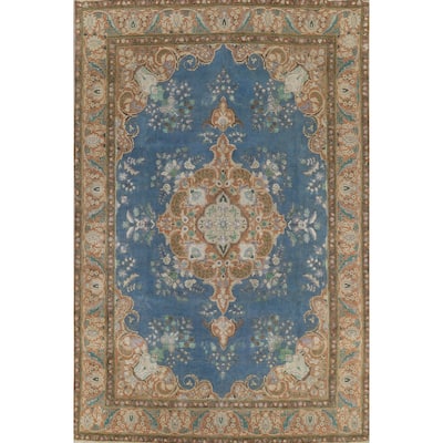 Blue Tabriz Persian Vintage Rug Hand-Knotted Wool Carpet - 9'6"x 12'9"