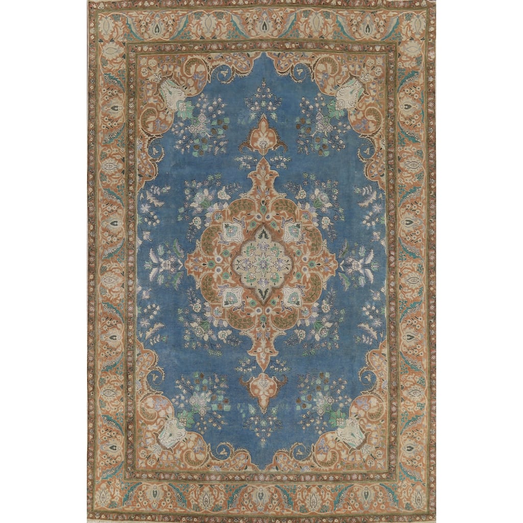 Blue Tabriz Persian Vintage Rug Hand-Knotted Wool Carpet - 9'6"x 12'9"