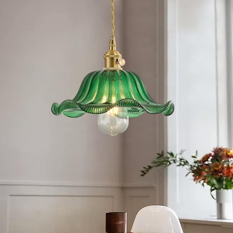 Modern 1-Light Pendant with Green Glass Shade and Brass Finish