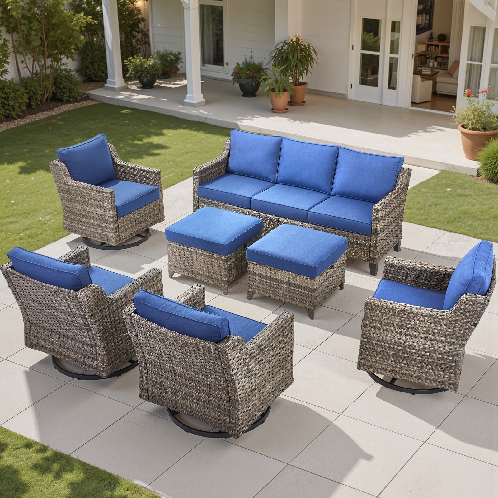 Pocassy 7-Piece Outdoor Sofa Swivel Chair w/ Ottoman Set