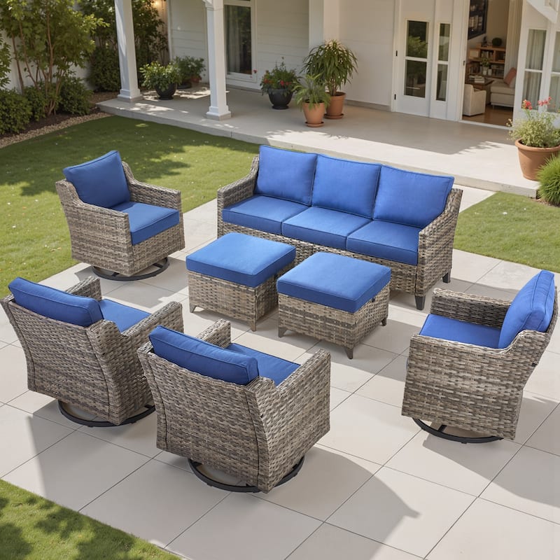 Pocassy Outdoor Patio Furniture Wicker Sofa Swivel Chair Set - Grey Wicker Blue Cushion - 7 Pieces Sofa Swivel Chair with Ottoman