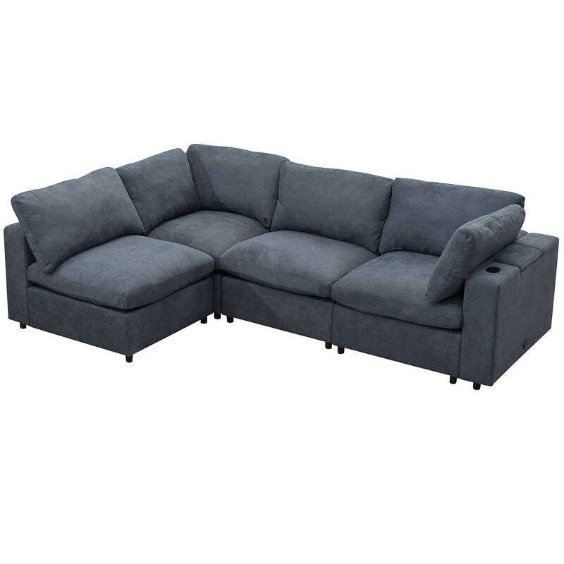 Modern 4Seat Modular Sofa with USB Ports Polyester Upholstered