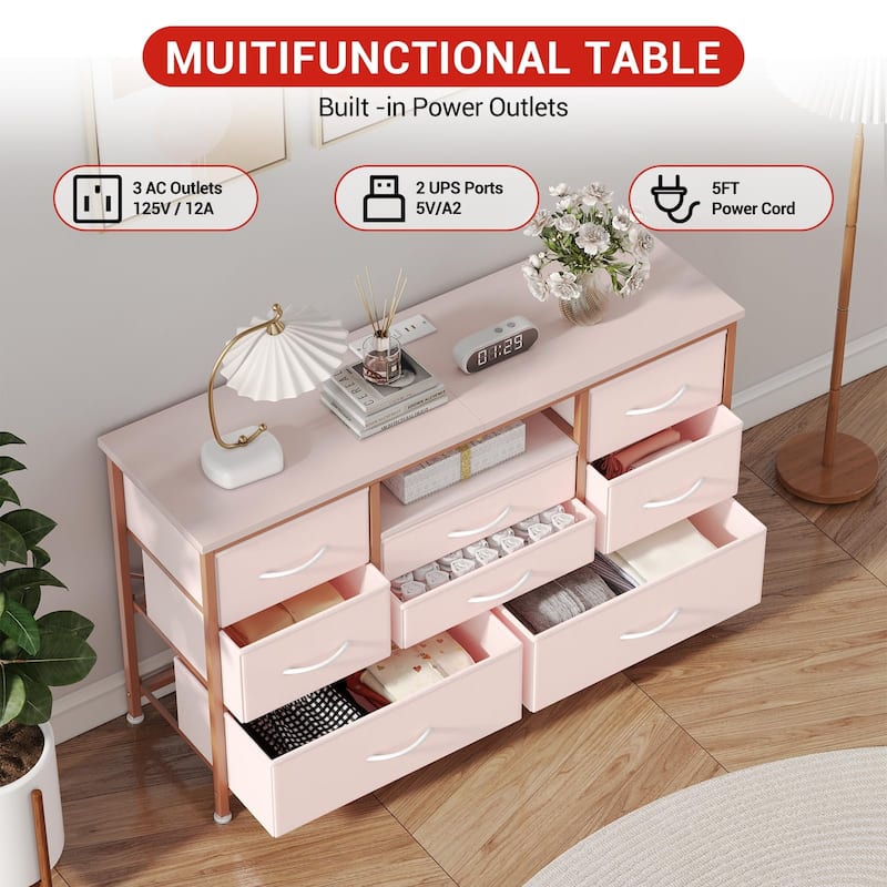 8-Drawer Fabric TV Stand with LED Lights & Built-in Power Outlets
