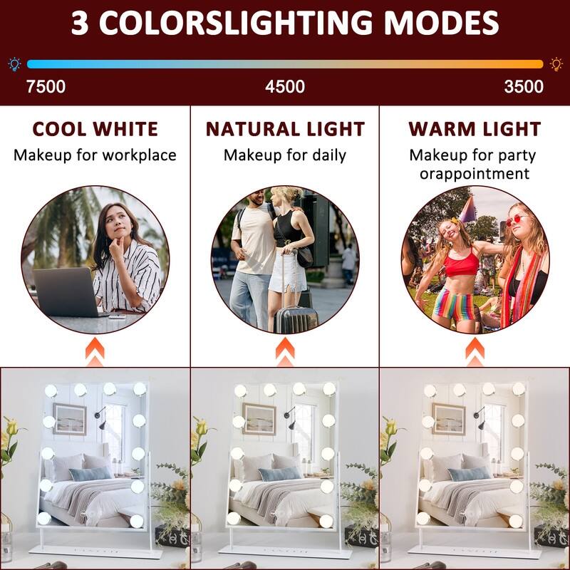VANITII Hollywood Vanity Makeup Mirror with 12 LED Bulbs 3 Color Lights Metal Tabletop White Small Mirror