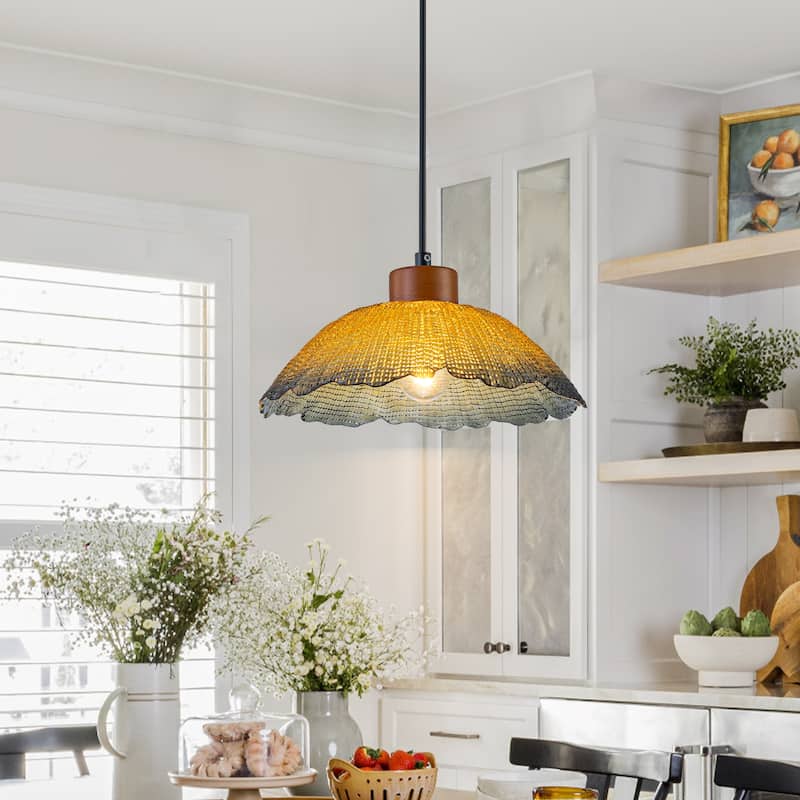 Industrial 1-Light Leaf-Shaped Glass Pendant Light with Texture Glass Shade