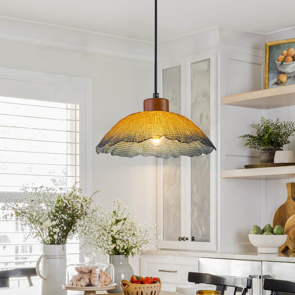 Industrial 1-Light Leaf-Shaped Glass Pendant Light with Texture Glass Shade
