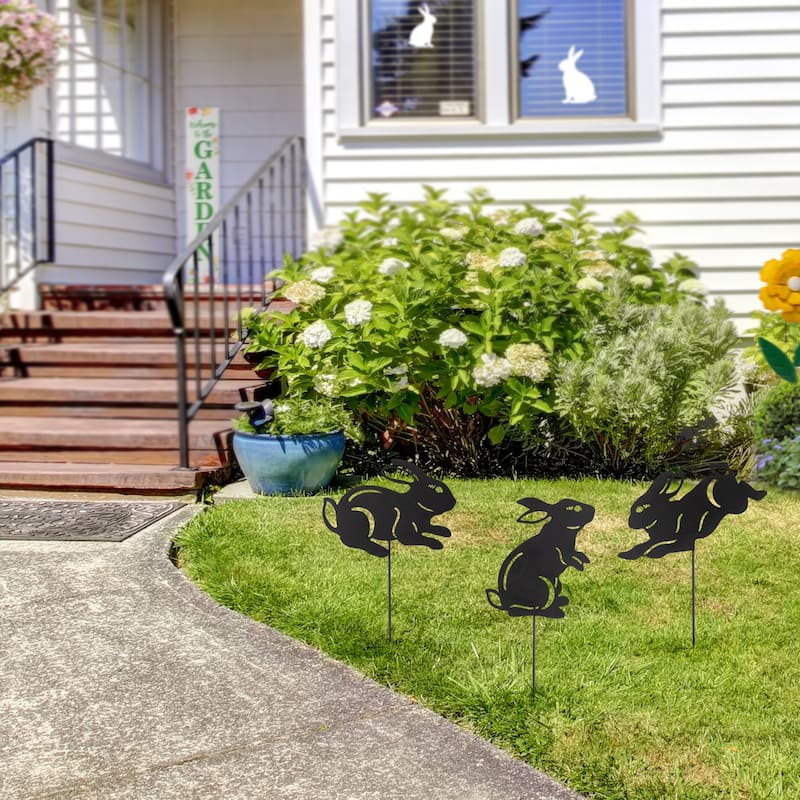 Glitzhome 2-in-1 Halloween Black Metal Rabbit Silhouette Yard Stakes Wall Decor (Set of 3)