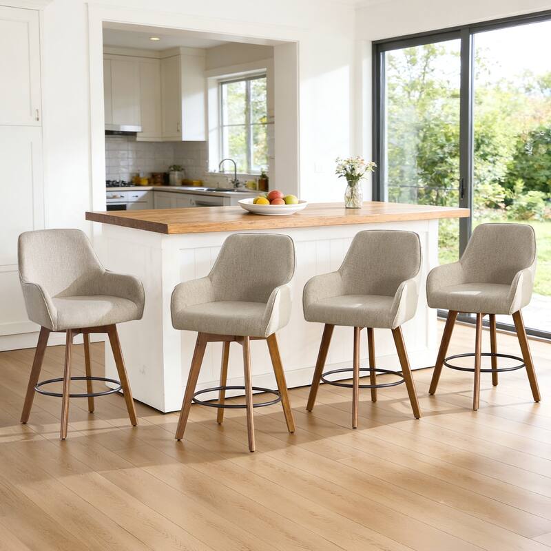 25 Inch Upholstered Swivel Counter Height Bar Stool with Armrests, Solid Wood Legs - 23.6"W x 22.4"D x 40.2"H