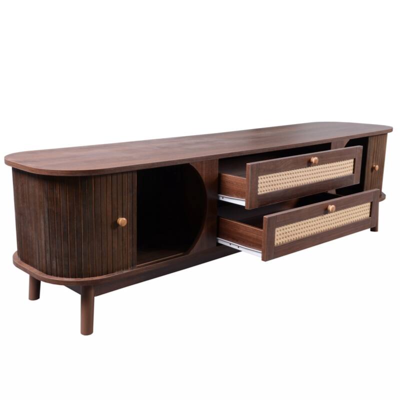 Rattan TV Stand for TVs up to 75'', Modern Farmhouse Media Console, Entertainment Center with Solid Wood Legs