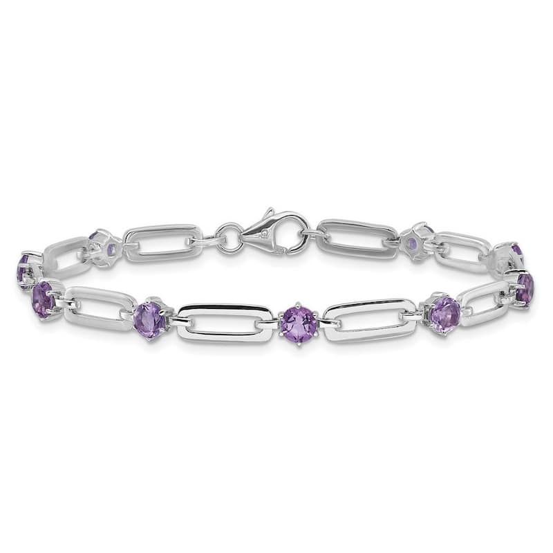 Curata 925 Sterling Silver 7.5" Rhodium or Gold Plated Genuine Gemstone Paperclip Bracelet - Amethyst - White