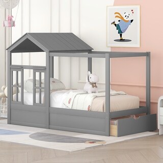 Twin House Bed for Kids Girls Boys, Solid Wood Platform Bed Frame with ...