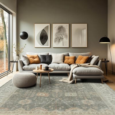 Gray Hand Knotted Turkish Oushak Wool Traditional Oriental Area Rug - 7' 10'' x 9' 9''