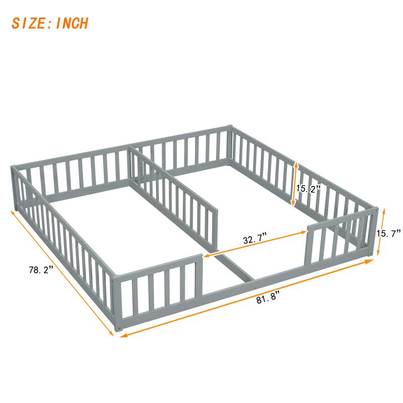 Double Twin Size Pine Wood Floor Bed with Fence, Guardrails, without door
