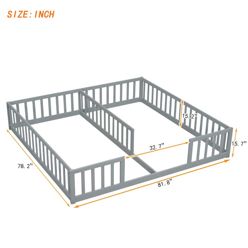 Double Twin Size Pine Wood Floor Bed with Guardrails