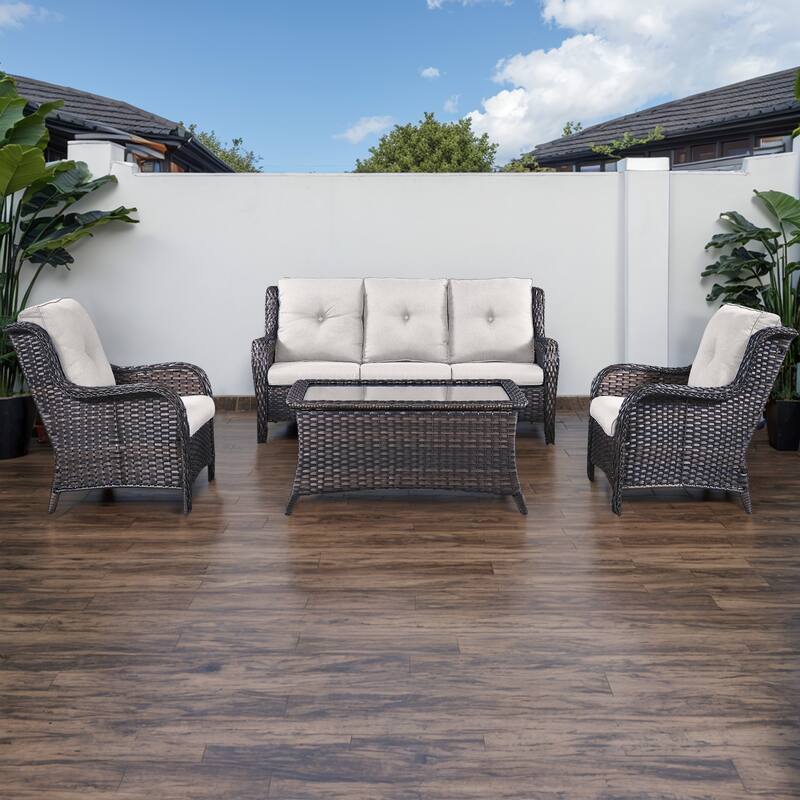 Gymojoy 4-Piece Outdoor Patio Sofa Chair with Coffee Table - Brown - Beige