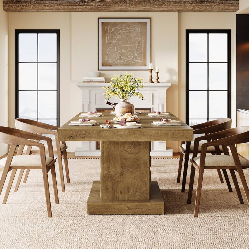 63'' Wood Rectangular Kitchen Dining Table with Pedestal for 4-6
