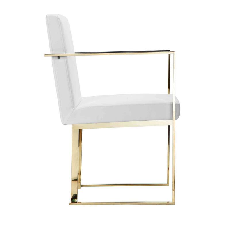 Boly 22 Inch Dining Side Armchair, White Faux Leather, Gold Steel Frame