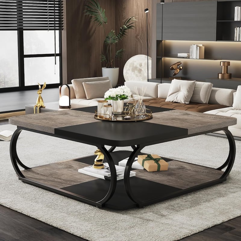 39" Large Square Wood Coffee Table, 2 Tier Tea Table with Storage Shelf, Center Table for Living Room & Home Office - Grey+Black