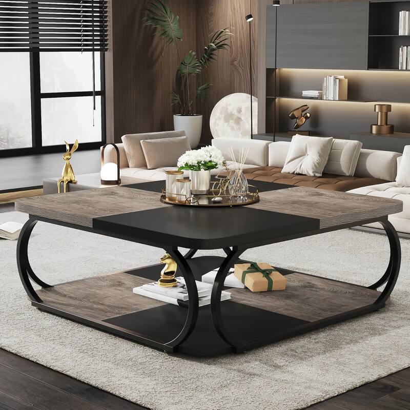 40" Square 2-Tier Coffee Table, Farmhouse Table with Wood Storage Shelf for Modern Living Room