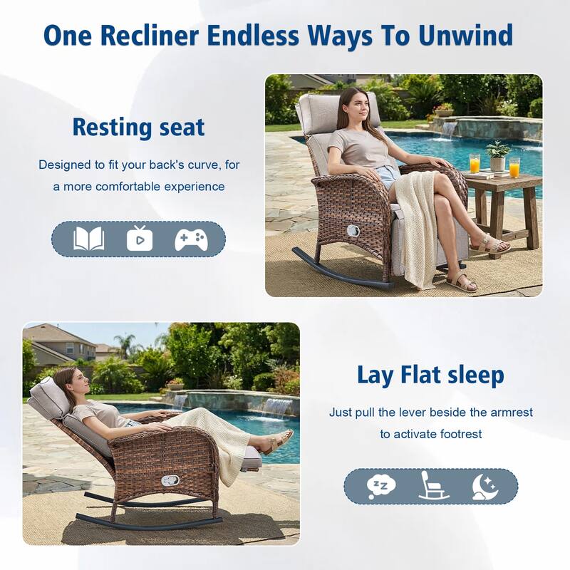 Pocassy Patio Wicker Recliner Rocker Chair with Adjustable Backrest