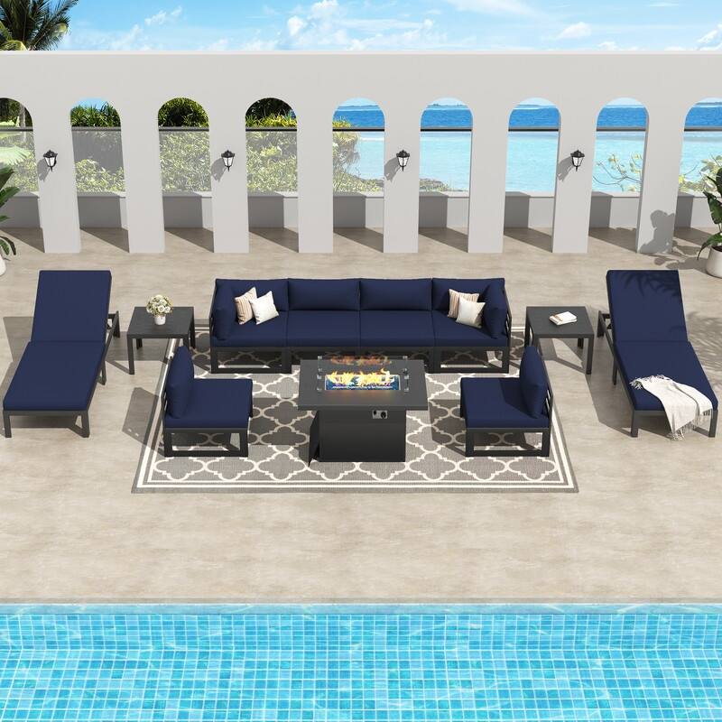 FINCATI Aluminum Outdoor Patio Furniture Conversation Sectional Sofa Set - 11 Pieces - Navy Blue