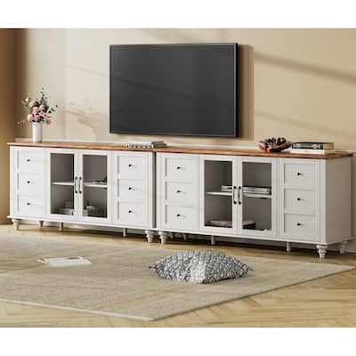 WAMPAT Farmhouse Glass Door TV Stand for up to 110" TVs, Modern Entertainment Center with Storage