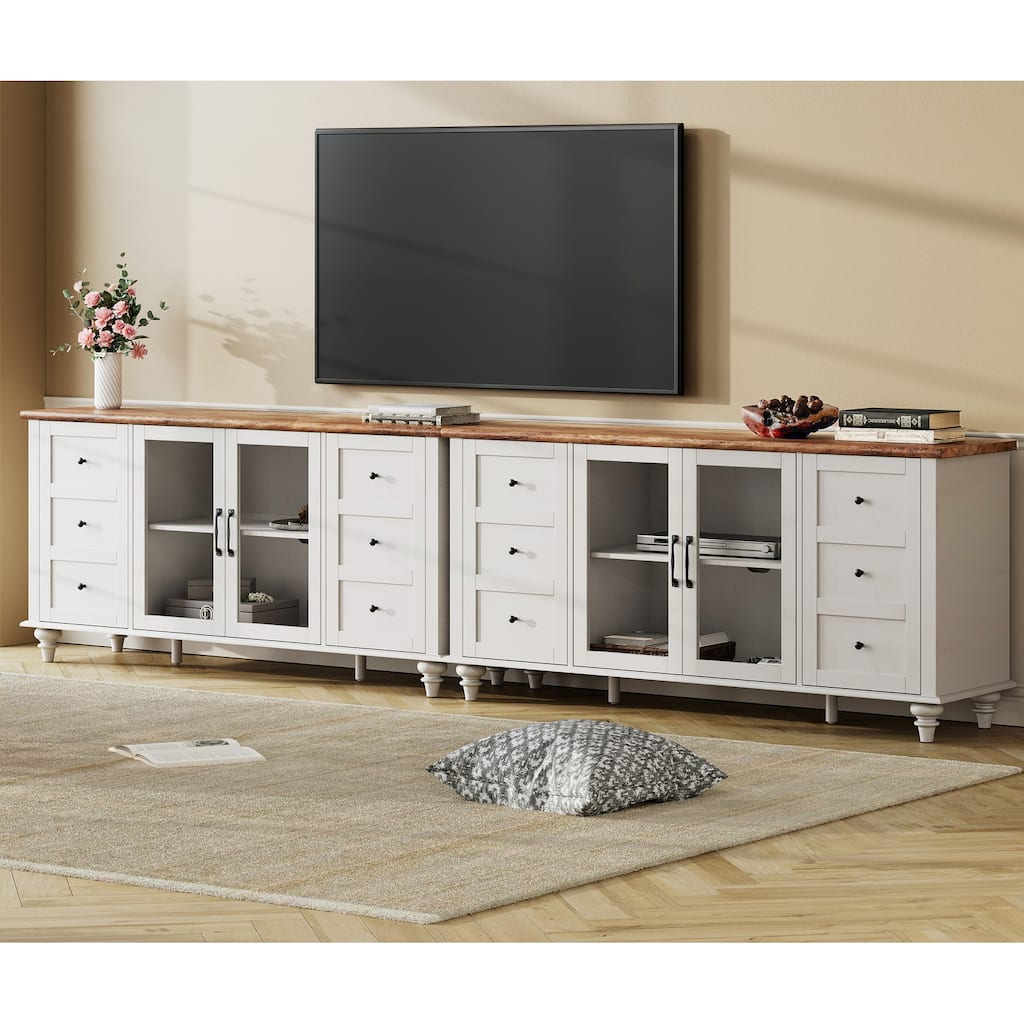 WAMPAT Farmhouse Glass Door TV Stand for up to 110" TVs, Modern Entertainment Center with Storage