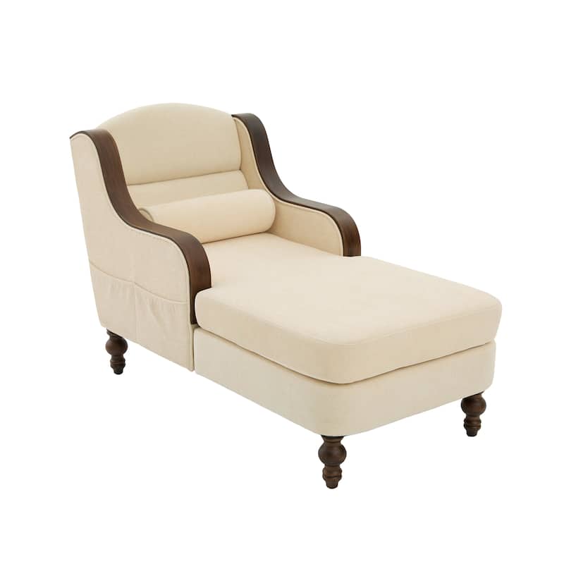 Ergonomic Chaise Lounge Indoor Chenille Single Lazy Sleeper Sofa Bed with Side Pockets, Solid Wood Armrests and Foots