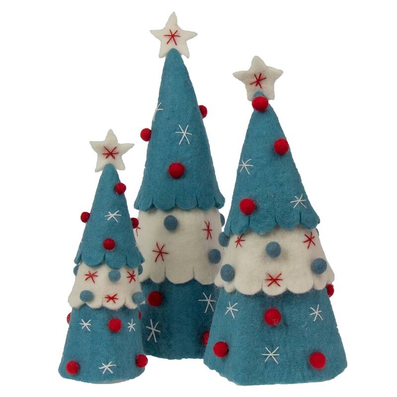 Handmade Felt Christmas Tree Topper or Tabletop Decor, Set of 3 Red - Turquoise - Wool