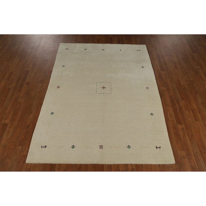 Beige Tribal Gabbeh Indian Rug Handmade Wool Carpet - 5'2" x 7'4"