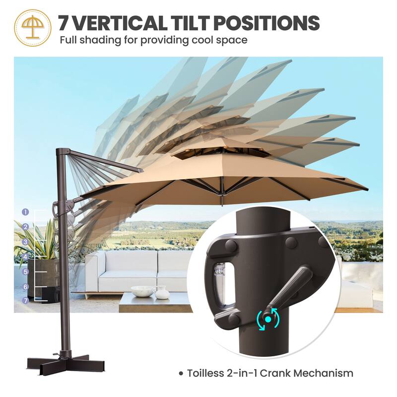 10 FT x 13 FT Outdoor Luxury Solar LED Patio Cantilever Umbrella With Base