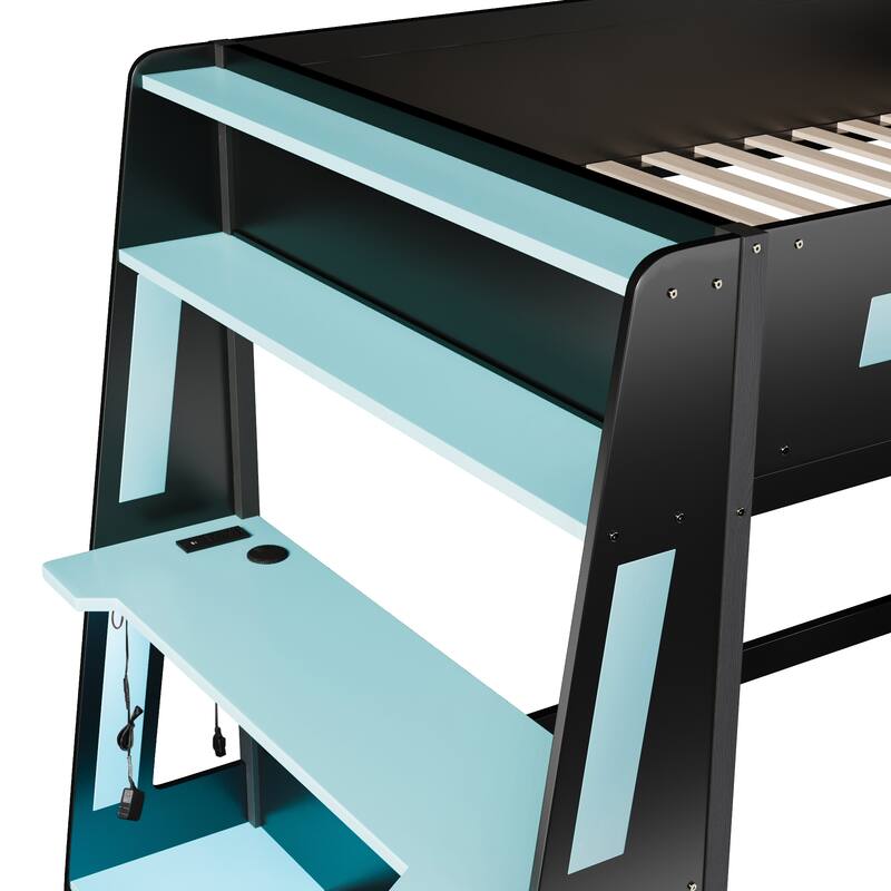 Gaming Bunk Bed with Computer Desk, Storage Shelves, USB Port and LED Strip Lighting, Esports Design, Wooden Gaming Bed