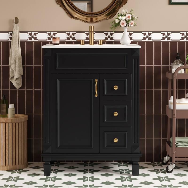 24" Bathroom Vanity With Ceramic Sink,Small Bathroom Sink Cabinet,Modern Cabinet With 2 Drawers And Adjustable Shelf
