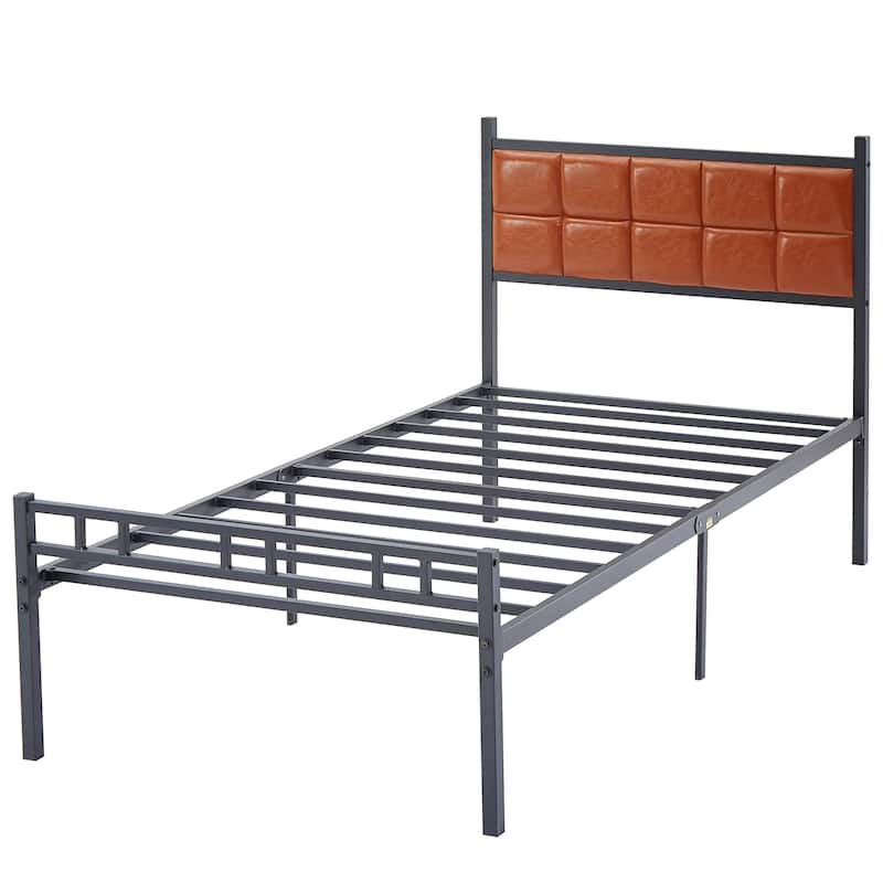 VECELO Faux Leather Tufted Bed, Metal Frame Bed Frame