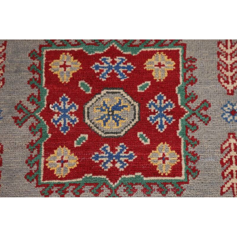 Gray Geometric Kazak Accent Rug Hand-Knotted Wool Carpet - 3'4" x 4'11"